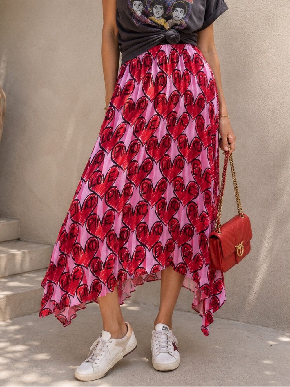 NWOT PINKO Love High-Low Plisse Pink Skirt with Red Heart Print, IT44/US8